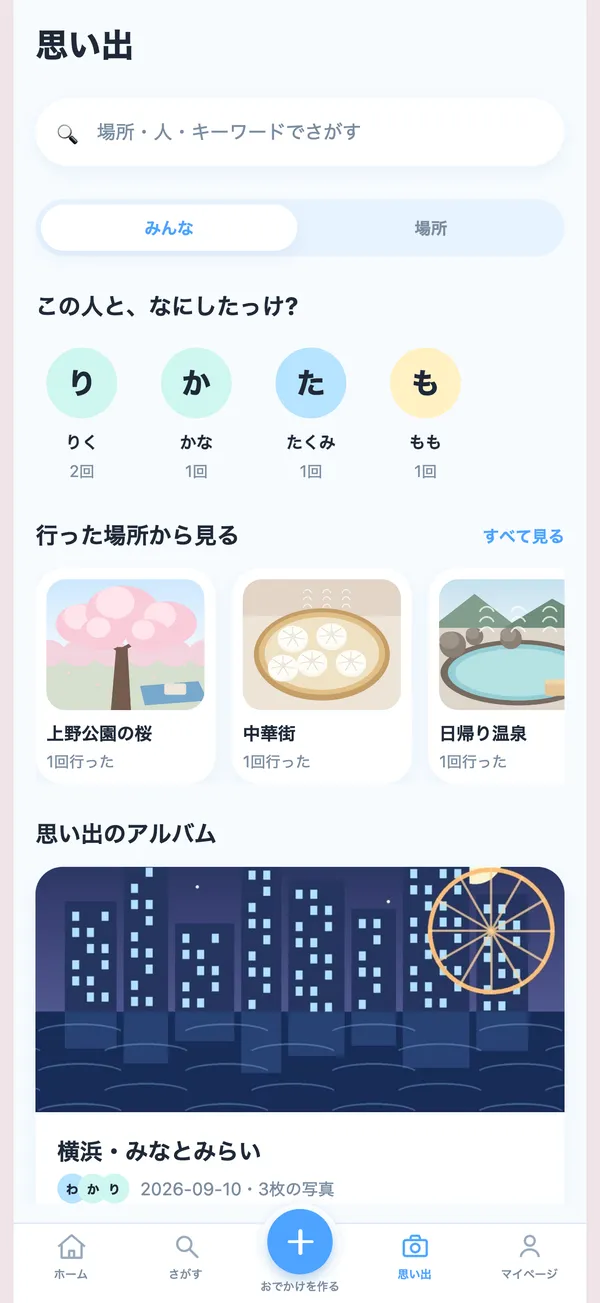 思い出の画面。一緒に出かけた人や、行った場所ごとに、これまでのおでかけを振り返れる